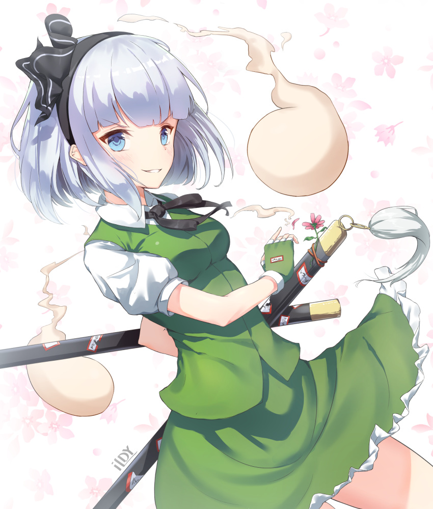 1girl absurdres artist_name black_hairband black_ribbon blue_eyes bob_cut closed_mouth flower gloves green_gloves green_skirt green_vest hairband highres hitodama holding holding_sword holding_weapon ildy katana konpaku_youmu konpaku_youmu_(ghost) ofuda pink_flower puffy_short_sleeves puffy_sleeves ribbon scabbard sheath shirt short_hair short_sleeves simple_background skirt smile solo sword tassel touhou vest wakizashi weapon white_background white_hair white_shirt