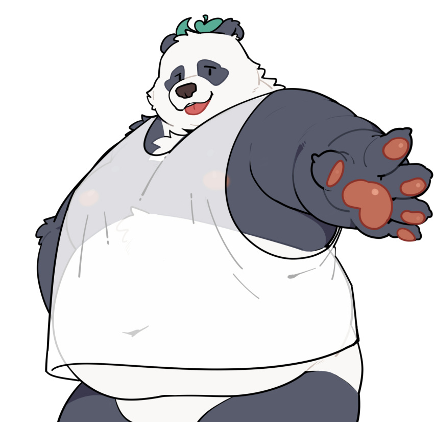 2022 5_fingers anthro belly big_belly black_nose clothing dot_eyes fingers giant_panda hi_res kemono kotori leaf male mammal navel overweight overweight_male shirt simple_background solo topwear ursid white_body