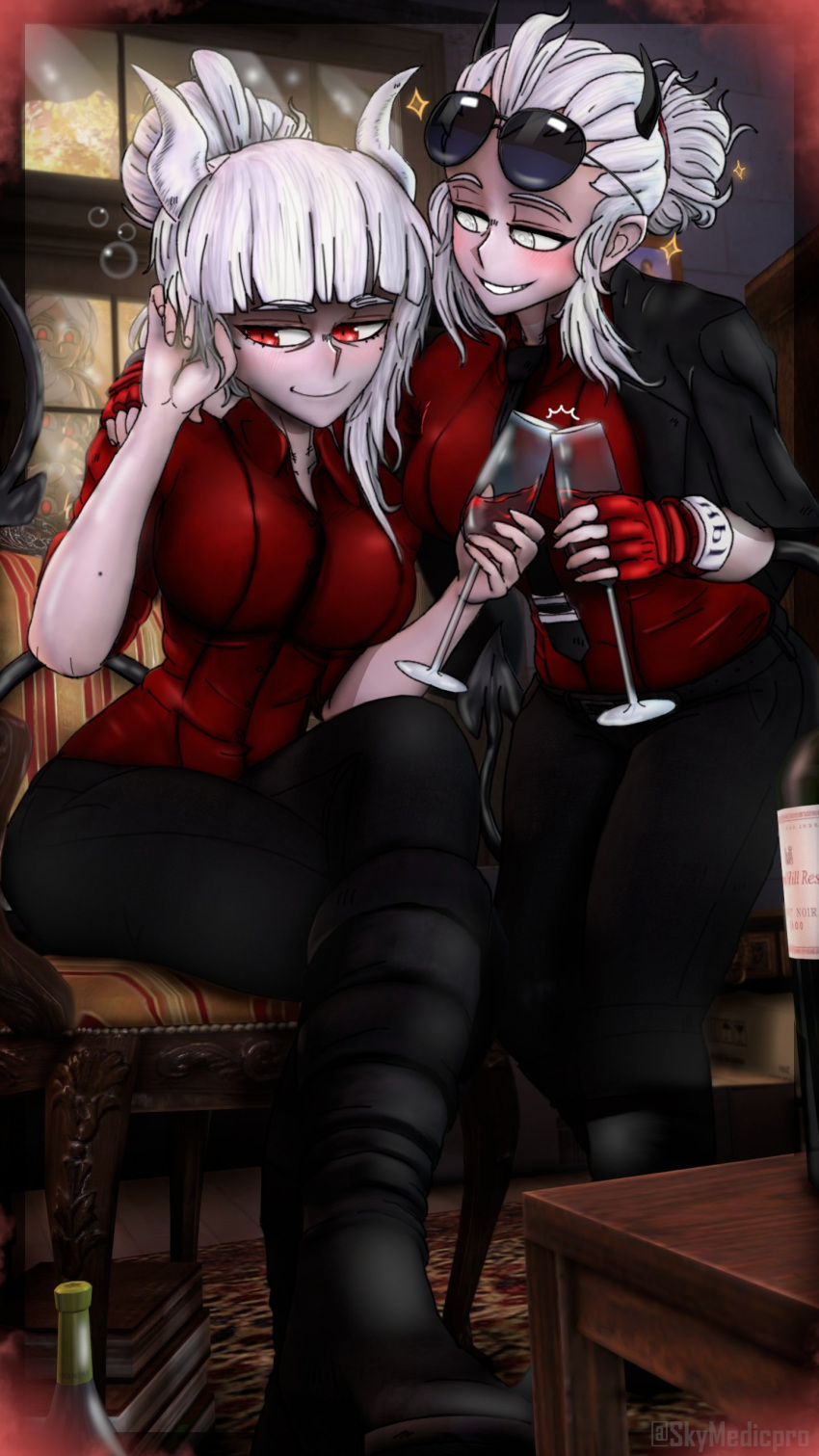 2girls absurdres awesome_face cerberus_(helltaker) demon_girl gloves helltaker highres horns justice_(helltaker) lucifer_(helltaker) multiple_girls red_eyes relaxed short_hair skymedicpro smile