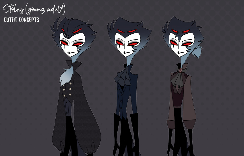 absurd_res anthro avian bird frown goth hair hair_tied helluva_boss hi_res male owl owl_demon red_eyes short_hair simple_background solo standing stolas_(helluva_boss) teathekook text tied_hair white_text