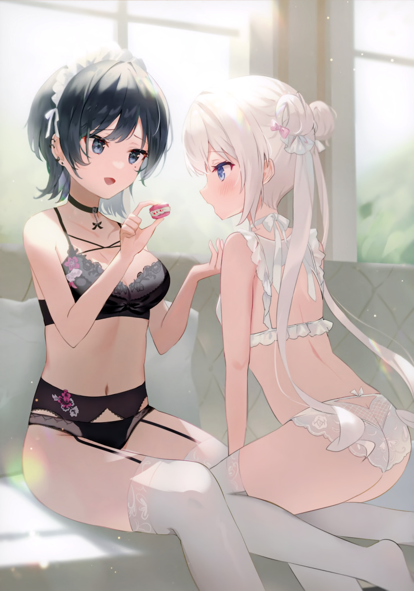 2girls absurdres ass bangs bare_arms bare_shoulders black_hair blue_eyes blush bra breasts choker day double_bun earrings food garter_belt garter_straps hair_bun highres holding holding_food indoors jewelry lingerie long_hair macaron maid_headdress medium_breasts mole mole_under_eye multiple_girls navel omelet_tomato open_mouth original panties scan short_hair simple_background sitting small_breasts smile stomach thighhighs thighs twintails underwear underwear_only window