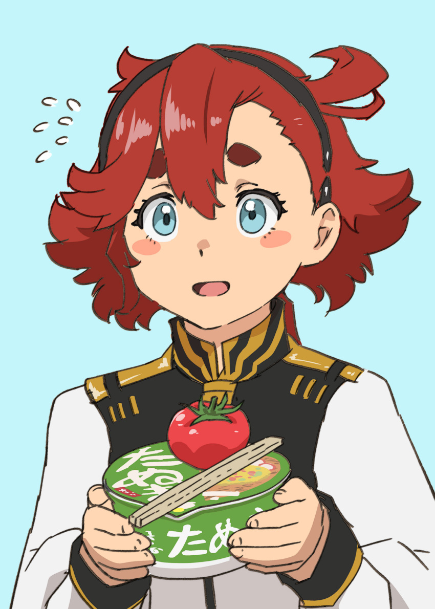 1girl black_hairband blue_eyes blush_stickers chopsticks commentary_request flying_sweatdrops food gundam gundam_suisei_no_majo hairband highres instant_soba jacket maruchan_(brand) maruchan_midori_no_tanuki_tensoba noodles open_mouth red_hair school_uniform simple_background soba solo suletta_mercury thick_eyebrows tomato ueyama_michirou uniform upper_body white_jacket