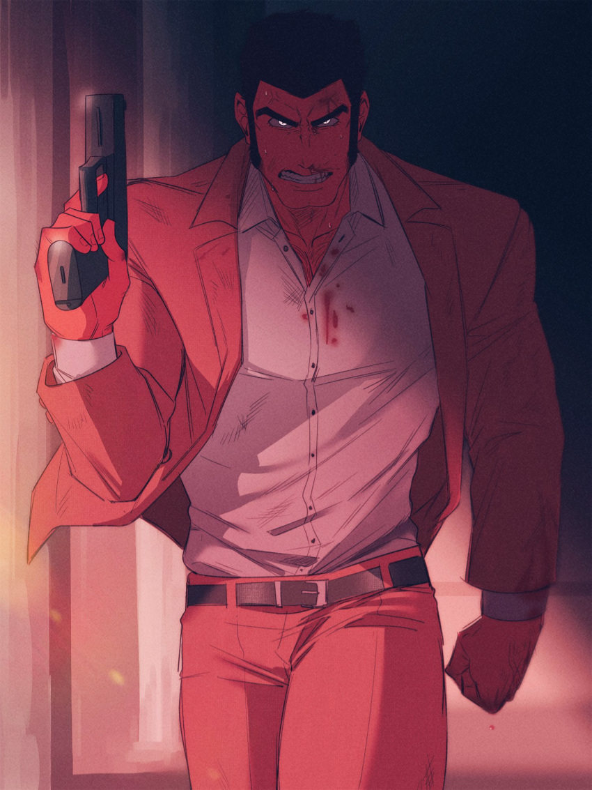 1boy angry arsene_lupin_iii belt blood blood_on_clothes blood_on_face chest_hair clenched_hands coat collared_shirt glowing glowing_eyes gun highres holding holding_gun holding_weapon kon_likes_corn leather leather_belt looking_at_viewer lupin_iii male_focus manly mature_male muscular muscular_male open_clothes open_coat pants shirt short_hair solo teeth thick_eyebrows weapon white_eyes