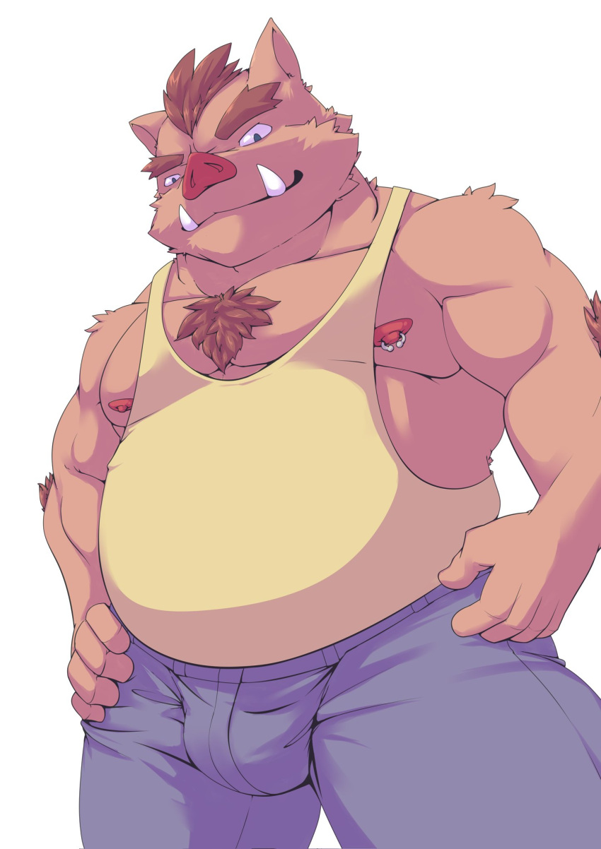 2021 anthro bottomwear brown_body bulge clothing hi_res humanoid_hands kemono male mammal moobs murasaki14134 nipples overweight overweight_male pants shirt simple_background solo suid suina sus_(pig) topwear white_background wild_boar