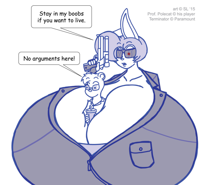 2015 anthro big_breasts bonnie_(satsumalord) breasts clothing container cosplay cup digital_media_(artwork) duo english_text eyewear female glasses glowing glowing_eyes gun huge_breasts hyper hyper_breasts in_cleavage jacket lagomorph leporid male mammal mustelid open_mouth polecat_(mustelid) prof_polecat_(character) rabbit ranged_weapon red_eyes satsumalord shirt sketch speech_bubble straw sunglasses terminator text the_terminator topwear weapon