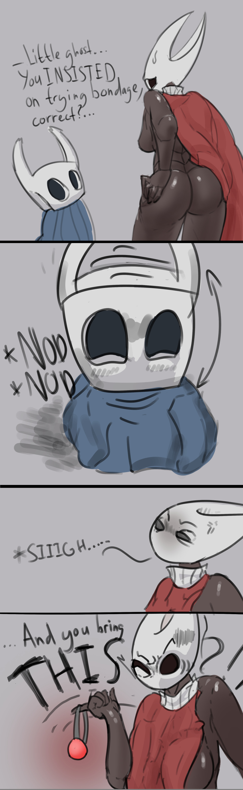 absurd_res angry animal_humanoid anthro arthropod arthropod_humanoid ball_gag big_butt breasts butt cape clothing comic duo female frustrated gag hand_on_hip hi_res hollow_knight hornet_(hollow_knight) humanoid humor male male/female nodding partb_(artist) protagonist_(hollow_knight) sigh team_cherry vessel_(species) video_games