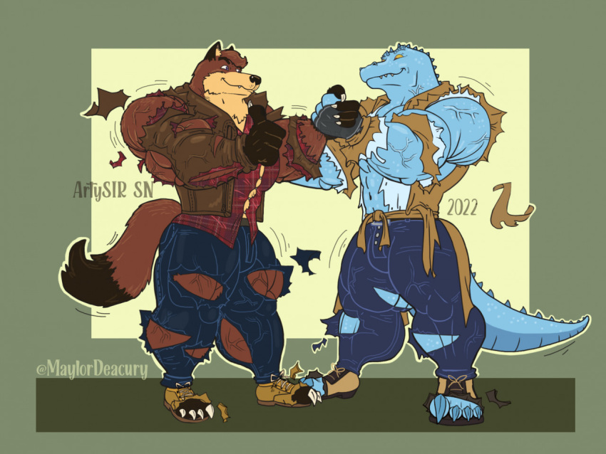 anthro big_muscles bulge canid canine canis clothing crocodile crocodilian crocodylid destroyed_clothing duo gesture growth growth_sequence male male/male mammal muscle_growth muscular muscular_male reptile scalie thumbs_up torn_clothing wolf