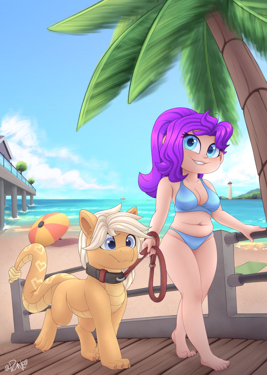 absurd_res beach bikini bikini_bottom bikini_top bridge building claws clothing collar deep_navel dock duo equid equine eye_contact fan_character fangs female feral hair hand_on_railing hasbro hi_res horse human hybrid island izama_boa_(oc) leash leash_and_collar leash_pull leashed_male lidded_eyes lighthouse looking_at_another looking_at_viewer looking_forward male male/female mammal my_little_pony navel nude open_mouth palm_tree plant pony ponytail raised_tail rattle_(anatomy) reptile rivin rivin177 scales scalie sea seaside smile snake snake_pony standing swimwear tree water