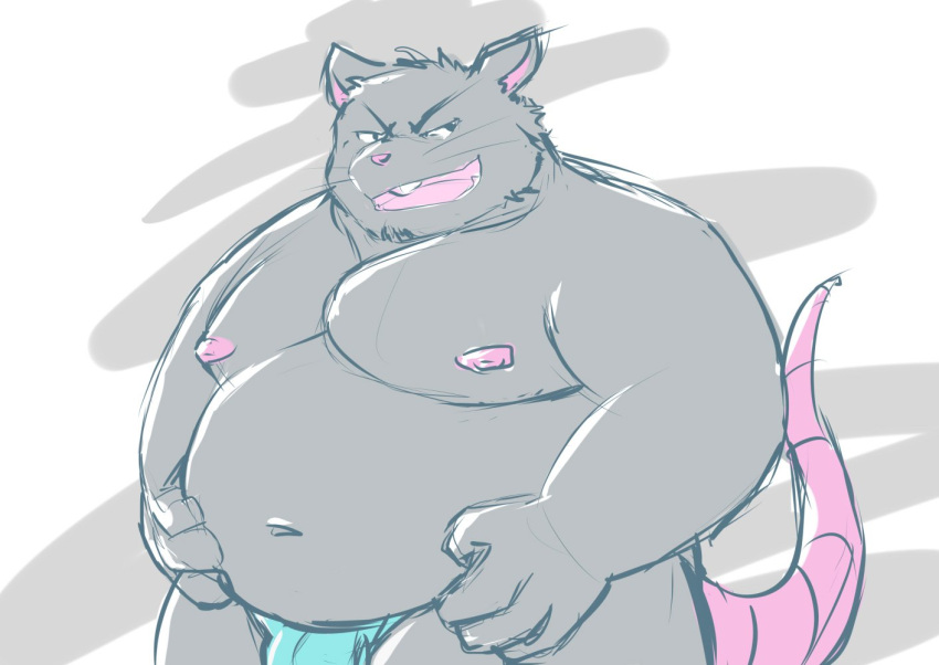 2022 anthro belly big_belly bulge clothing grey_body humanoid_hands kemono male mammal moobs murasaki14134 murid murine navel nipples overweight overweight_male rat rodent simple_background solo underwear