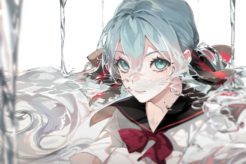 1girl bangs black_sailor_collar blue_eyes blue_hair bottle_miku bow closed_mouth feet_out_of_frame hair_between_eyes hair_bow hatsune_miku knees_up liquid_hair long_hair looking_at_viewer partially_submerged pig_ggul red_bow sailor_collar shirt short_sleeves solo striped striped_bow thick_eyebrows vocaloid water white_background white_shirt