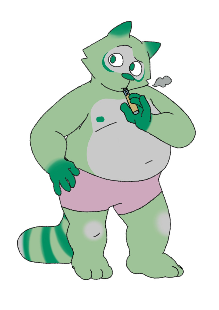 3_toes 4_fingers anthro bent_arm bottomwear clothing digital_media_(artwork) feet fingers fred_(fredrick_brennan) fur green_body green_fur hand_on_hip hi_res holding_object male mammal mouth_closed navel nipples procyonid raccoon shorts smoke solo standing toes unknown_artist vape vaping