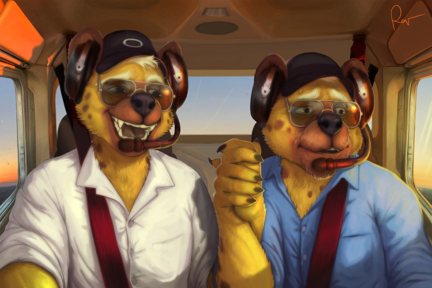 2022 aircraft airplane anthro blue_clothing blue_shirt blue_topwear clothing duo eyewear father father_and_child father_and_son flying headgear headphones headset hi_res hyaenid male mammal necktie open_mouth parent parent_and_child pilot rov shirt son sunglasses sunset topwear white_clothing white_shirt white_topwear