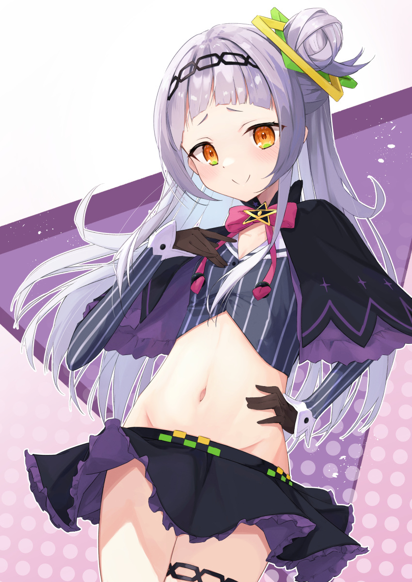 1girl absurdres bangs black_capelet black_gloves black_skirt blunt_bangs blush bow bowtie capelet commentary_request commission cropped_shirt doyagao flat_chest gloves grey_hair grey_shirt groin hair_bun hair_ornament hairband half_updo hand_on_hip hand_on_own_chest hexagram_hair_ornament highres hololive layered_capelet long_hair long_sleeves looking_at_viewer lowleg lowleg_skirt microskirt midriff murasaki_shion navel oudon_(udonnaiyo) pink_bow pink_bowtie pinstripe_pattern pinstripe_shirt purple_capelet shirt short_eyebrows sidelocks single_side_bun skeb_commission skirt smile smug solo stomach striped striped_shirt thighlet vertical-striped_shirt vertical_stripes virtual_youtuber yellow_eyes