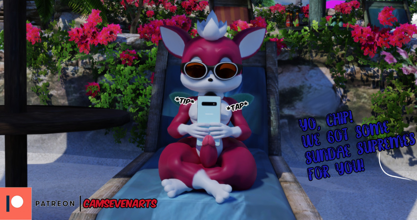 3d_(artwork) anthro big_butt butt camseven casual_nudity chip_(sonic) crossed_legs digital_media_(artwork) english_text erection eyewear folding_chair fur girly hair hi_res male mammal outside phone red_body red_fur sega sitting solo sonic_the_hedgehog_(series) sonic_unleashed sunglasses teapot_(body_type) text thick_thighs unknown_species watermark white_hair wide_hips wings