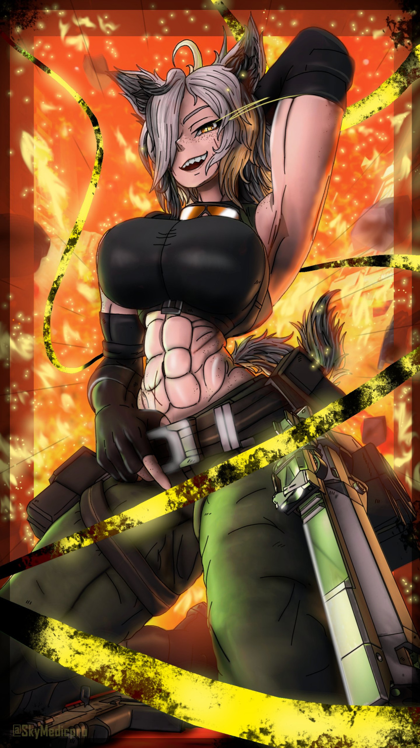 1girl absurdres awesome_face badger breasts exposed_muscle highres honey_badger large_breasts looking_at_viewer muscular open_mouth short_hair skymedicpro smile solo solo_focus