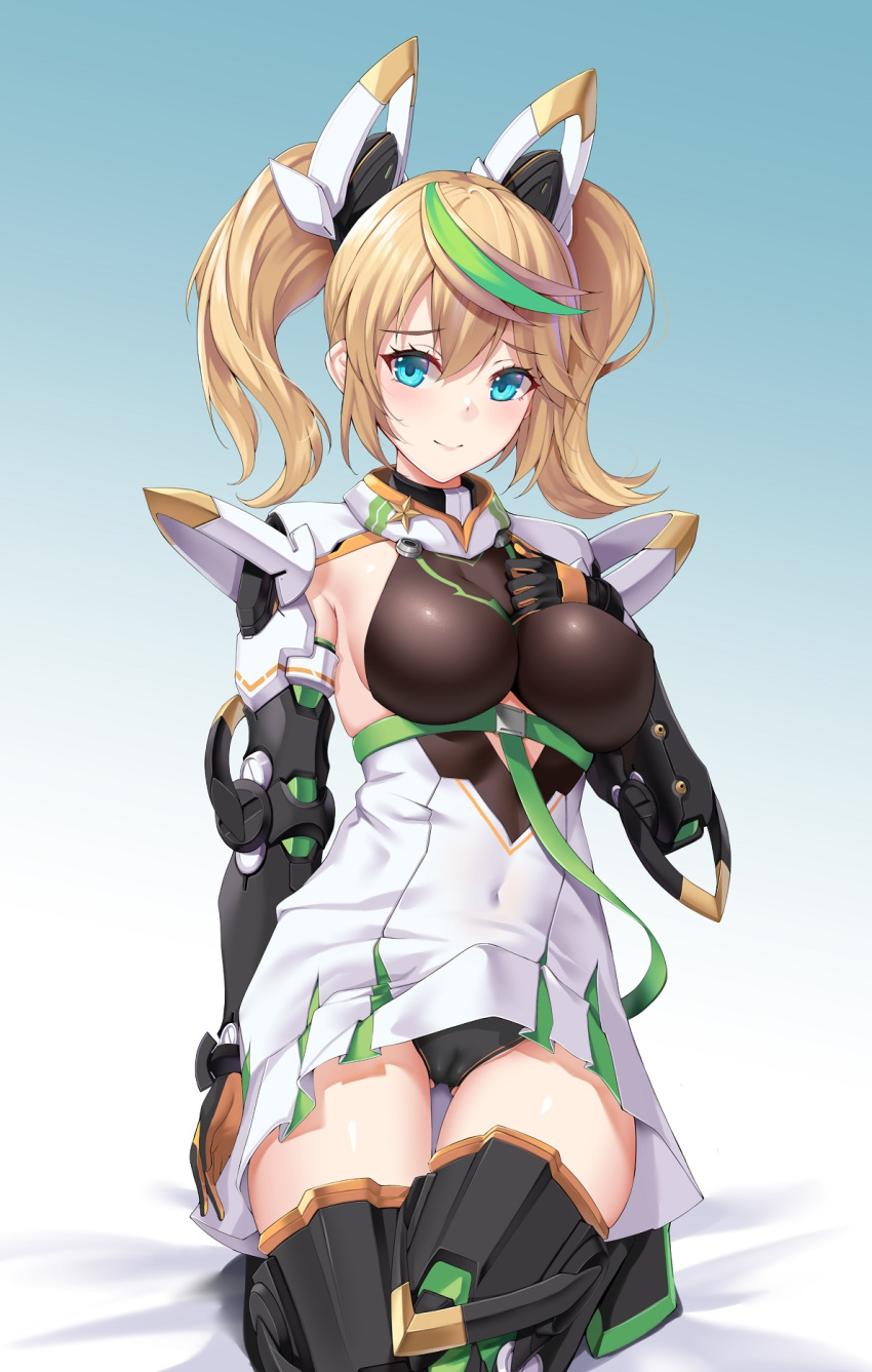 1girl aqua_eyes bangs bed_sheet black_panties blonde_hair blush boots breasts cameltoe commentary_request commission covered_navel dress elbow_gloves full_body gene_(pso2) gloves gradient gradient_background hair_ornament hand_on_own_chest hand_up highres kneeling lips long_hair looking_at_viewer matrix16 medium_breasts multicolored_hair panties phantasy_star phantasy_star_online_2 shiny shiny_clothes shiny_hair shiny_skin short_dress simple_background smile solo thigh_boots thighs twintails two-tone_hair underwear