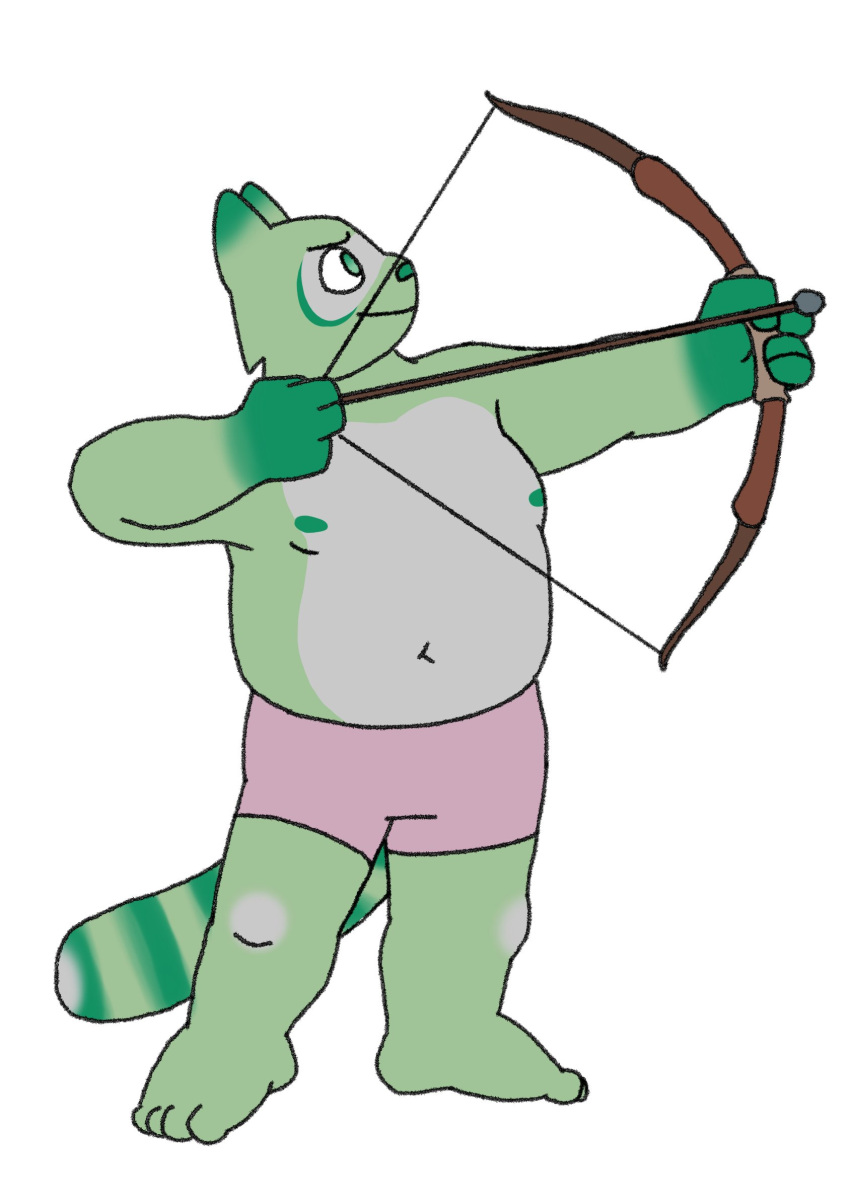 4_fingers 4_toes anthro arrow_(weapon) bent_arm bottomwear bow_(weapon) clothing digital_media_(artwork) feet fingers fred_(fredrick_brennan) fur green_body green_fur hi_res holding_object holding_weapon male mammal mouth_closed navel nipples procyonid raccoon ranged_weapon shorts slightly_chubby solo standing toes unknown_artist weapon