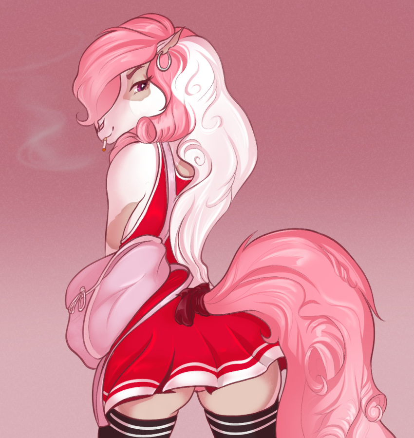 ambiguous_gender anthro bag butt cheerleader_outfit cigarette clothed clothing ear_piercing ear_ring equid equine fluffymare hair horse legwear looking_at_viewer looking_back mammal mane panties piercing ring_piercing smoking solo thigh_highs underwear vivian_(fluffymare)