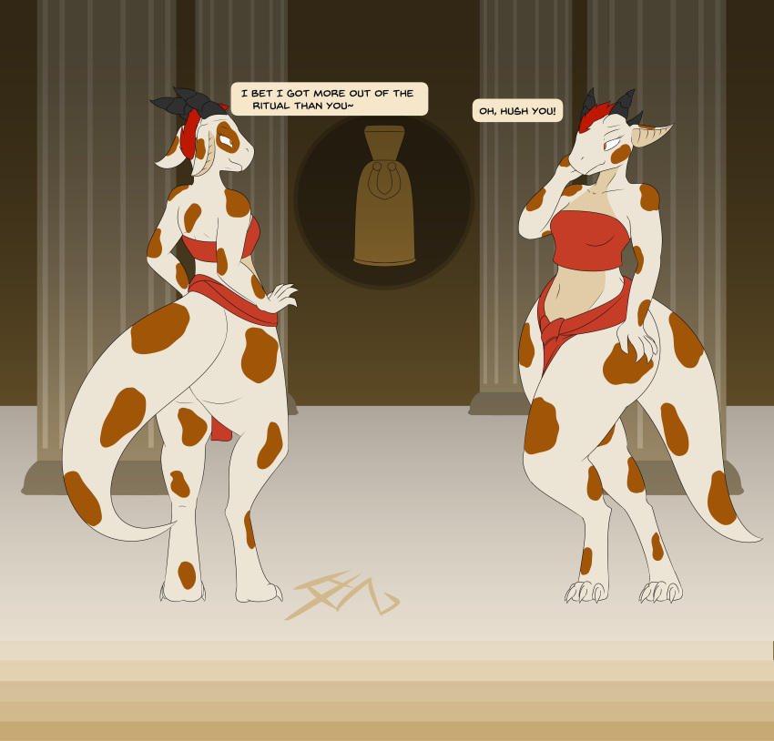 2022 absurd_res anthro black_horn bottomwear bovid bovine bra breasts brown_spots cattle claws clothed clothing detailed_background dialogue digital_drawing_(artwork) digital_media_(artwork) digitigrade duo english_text eye_contact female flat_colors hair hi_res horn hybrid keinga kobold loincloth looking_at_another looking_away mammal multicolored_body raised_arm red_clothing red_hair scalie signature spots spotted_body standing tan_body text thick_tail thick_thighs two_tone_body underwear white_body