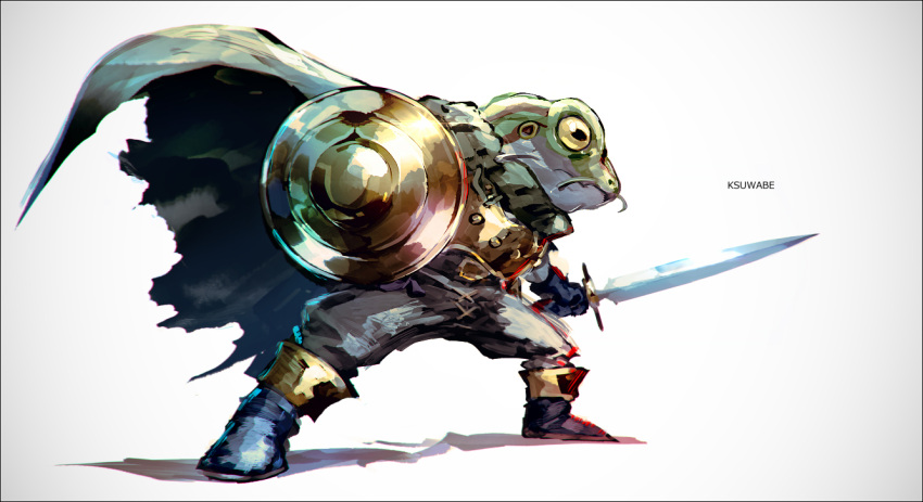 1boy armor artist_name belt belt_buckle black_belt black_footwear black_gloves black_pants boots buckle buckler cape chrono_trigger colored_sclera fighting_stance frog_(chrono_trigger) frog_boy full_body gloves holding holding_shield holding_sword holding_weapon horizontal_pupils k-suwabe male_focus pants shadow shield sword weapon yellow_sclera