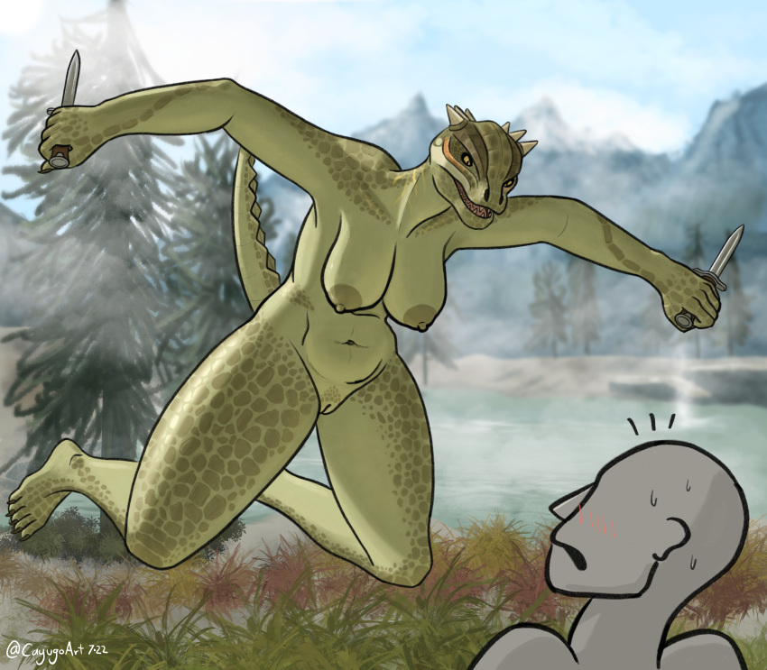 2022 absurd_res ambiguous_gender angry anthro argonian bethesda_softworks big_breasts blush breasts cayugo colored dagger deeja detailed_background digital_drawing_(artwork) digital_media_(artwork) female female/ambiguous fingers genitals green_body hi_res holding_object holding_weapon horn huge_filesize lizard lunging melee_weapon midair mountain navel nipples non-mammal_breasts nude open_mouth plant pussy reptile scales scalie shaded sharp_teeth shocked signature skyrim solo_focus teeth the_elder_scrolls thick_thighs tree video_games water weapon yellow_eyes