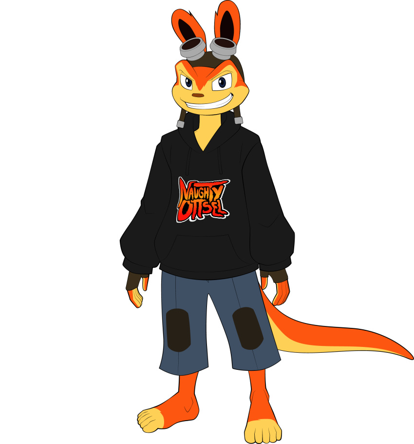 5_toes anthro bottomwear clothing daxter eyewear feet gloves goggles handwear hi_res hoodie humanoid_feet jak_and_daxter male mammal mustelid naughty_dog ottsel shorts solo sony_corporation sony_interactive_entertainment sparksstars toes topwear video_games