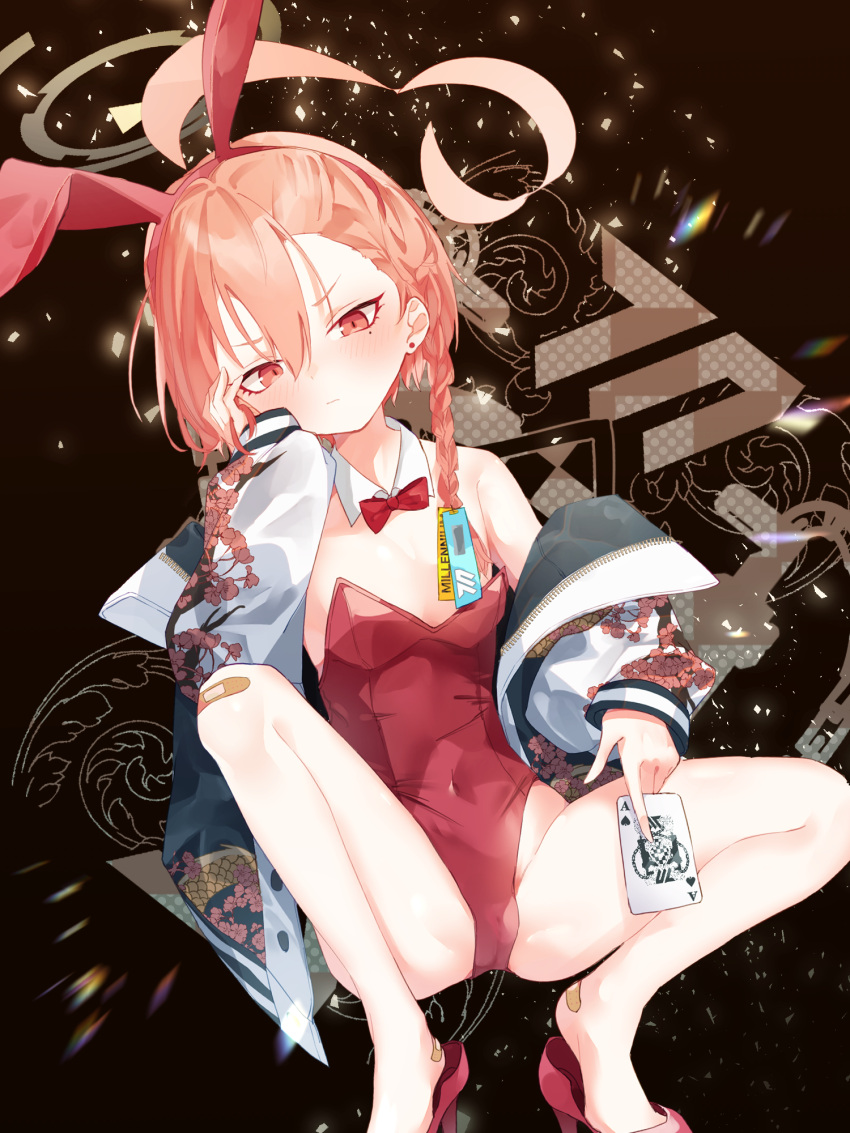 1girl ace_of_spades ahoge animal_ears asymmetrical_bangs bandaid bandaid_on_leg bangs blue_archive bow bowtie braid card detached_collar fake_animal_ears halo hand_on_own_face highres huge_ahoge jacket kairu_(pixiv44336160) leotard mole mole_under_eye neru_(blue_archive) neru_(bunny)_(blue_archive) official_alternate_costume orange_hair playboy_bunny playing_card print_jacket rabbit_ears rabbit_tail red_bow red_bowtie red_eyes red_leotard single_braid solo spade_(shape) squatting strapless strapless_leotard sukajan tag tail