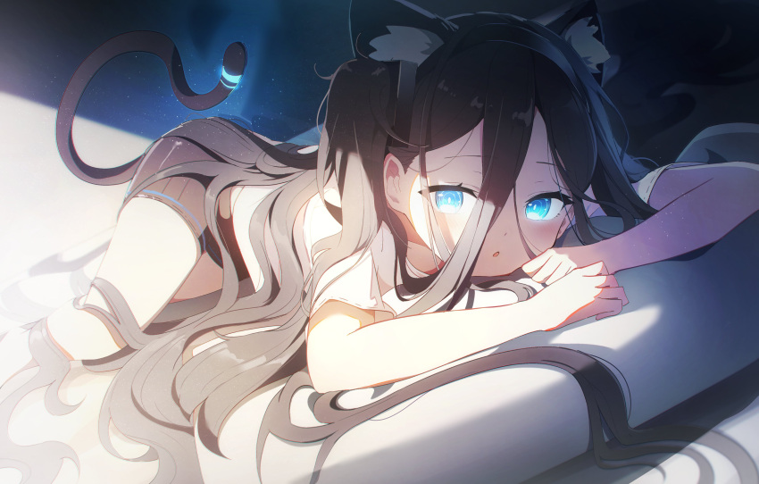 1girl absurdly_long_hair absurdres animal_ear_fluff animal_ears arisu_(blue_archive) black_hair black_hairband black_skirt blue_archive blue_eyes bright_pupils cat_ears cat_tail dark_background extra_ears hair_between_eyes hairband highres indoors kemonomimi_mode light liyom long_hair looking_at_viewer lying on_side on_stomach one_side_up open_mouth pillow ringed_eyes shirt skirt solo tail very_long_hair white_pupils white_shirt
