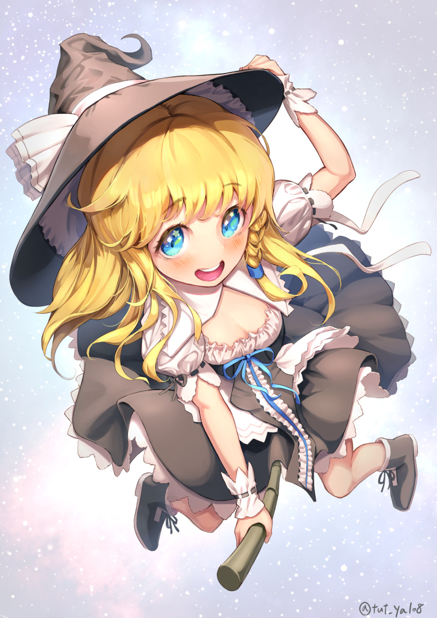 1girl :d black_footwear blonde_hair blue_eyes breasts broom broom_riding cleavage hand_on_headwear hat highres kirisame_marisa light_particles long_hair open_mouth puffy_short_sleeves puffy_sleeves round_teeth short_sleeves sky smile solo teeth touhou witch_hat wrist_cuffs yawdeone