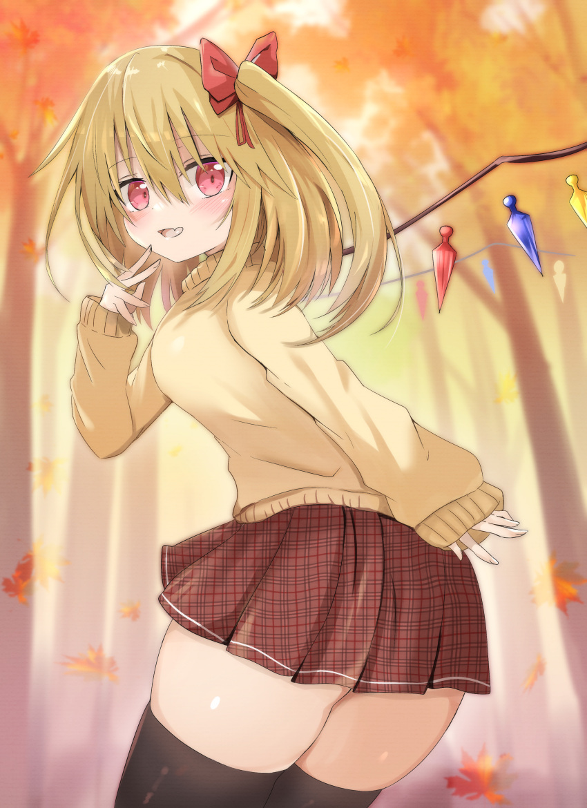 1girl absurdres autumn_leaves bangs black_thighhighs blonde_hair blush breasts commentary crystal crystal_wings daru_(kumakumadon) day fang flandre_scarlet from_behind hair_between_eyes hair_ribbon highres leaf long_sleeves looking_at_viewer medium_hair open_mouth outdoors plaid plaid_skirt pleated_skirt ponytail red_eyes red_ribbon red_skirt ribbon shiny shiny_skin side_ponytail skin_fang skindentation skirt smile solo sweater thick_thighs thighhighs thighs tongue touhou tree wings yellow_sleeves yellow_sweater zettai_ryouiki