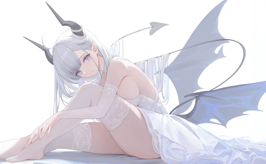 1girl absurdres ahoge backless_outfit bangs bare_back bare_shoulders black_horns breasts closed_mouth commentary demon_horns demon_tail demon_wings detached_sleeves dress foot_out_of_frame frilled_dress frills from_side garter_straps grey_eyes hair_on_horn hands_on_own_leg highres horns knee_to_chest knee_up lace-trimmed_legwear lace_trim large_breasts leaning_forward long_hair looking_at_viewer nekojira no_shoes original pointy_ears sideboob sidelocks simple_background sitting sleeveless sleeveless_dress sleeves_past_wrists smile solo strapless strapless_dress swept_bangs symbol-only_commentary tail thea_(nekojira) thighhighs thighs white_background white_dress white_hair white_sleeves white_thighhighs wings