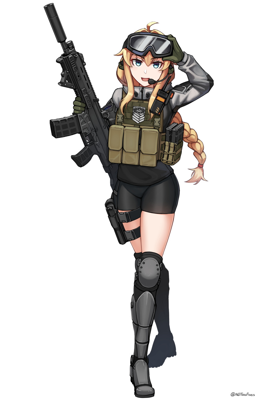 1girl :d absurdres ahoge arm_up armored_boots bangs bike_shorts black_shorts black_thighhighs blonde_hair blue_eyes blush boots braid commentary_request crossed_legs cz_bren-2 ear_protection full_body girls'_frontline gloves goggles goggles_on_head green_gloves grey_footwear grey_jacket griffin_&amp;_kryuger gun hair_between_eyes hair_intakes hand_on_goggles headset highres holding holding_gun holding_weapon indie_virtual_youtuber jacket knee_boots knee_pads long_hair long_sleeves looking_at_viewer ndtwofives revision short_shorts shorts simple_background single_braid smile solo standing thighhighs thighhighs_under_boots twitter_username very_long_hair virtual_youtuber weapon whiskey_project white_background