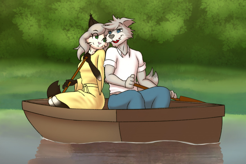 anthro blue_eyes boat bottomwear canid canine canis clothing cute_expression date domestic_dog dress duo einraeslost felid female fox fur gloves_(marking) green_eyes grey_body grey_fur grey_nose groodger hair hunting_dog hybrid irish_wolfhound leg_markings male male/female mammal markings paddle pantherine pants pink_nose river romantic scruffy shirt sighthound silver_hair smile socks_(marking) sprioc striped_markings stripes sundress tail tiger topwear vehicle watercraft white_body white_clothing white_fur white_shirt white_topwear