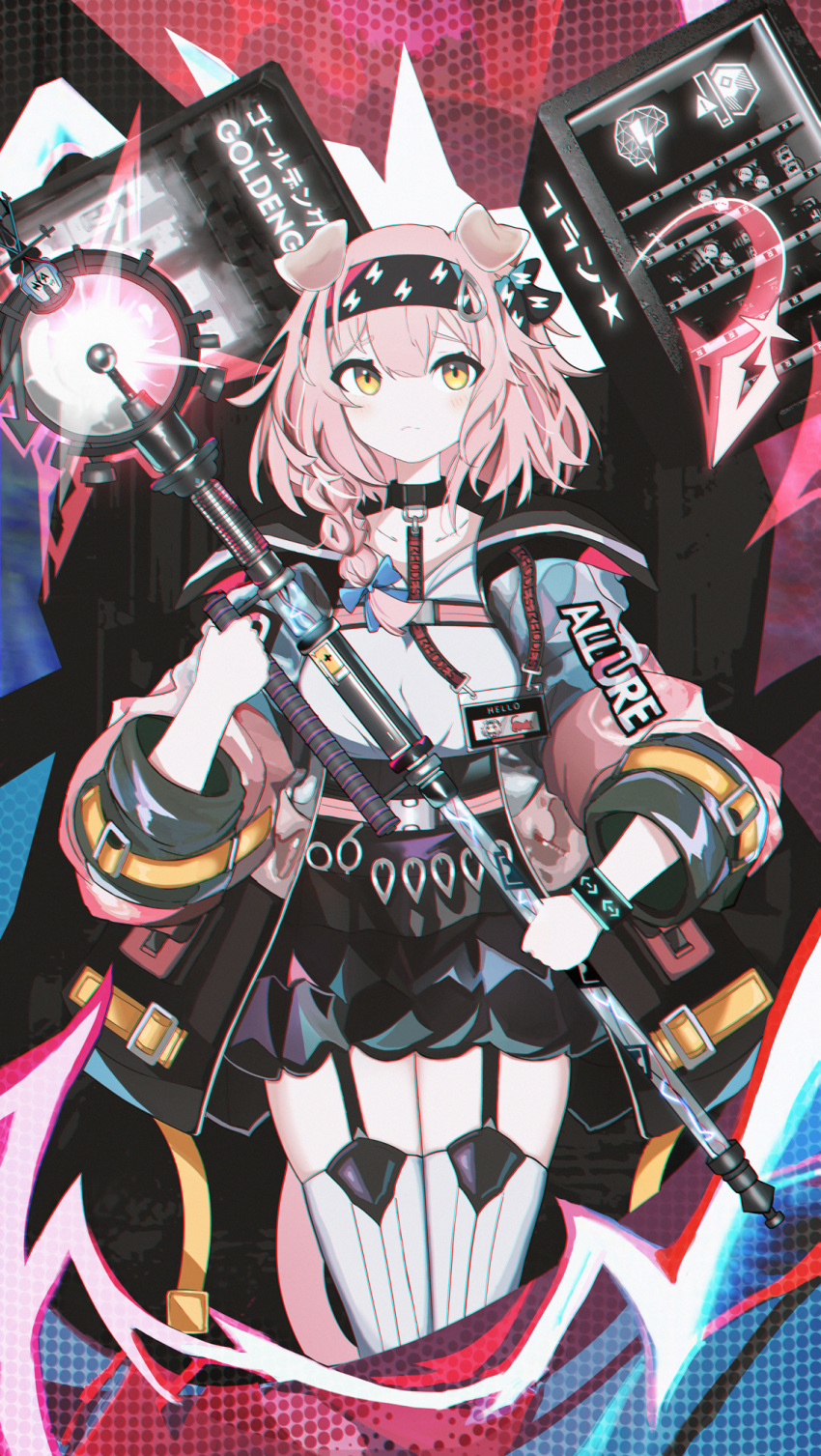 1girl animal_ears arknights bangs black_hairband black_jacket black_skirt braid breasts cat_ears cat_girl cat_tail character_name closed_mouth fran_(fran_xzs) garter_straps goldenglow_(arknights) hair_between_eyes hair_over_shoulder hairband highres holding holding_staff jacket lightning_bolt_print long_hair long_sleeves looking_at_viewer medium_breasts open_clothes open_jacket pink_hair print_hairband shirt single_braid skirt solo staff tail thighhighs white_shirt white_thighhighs yellow_eyes