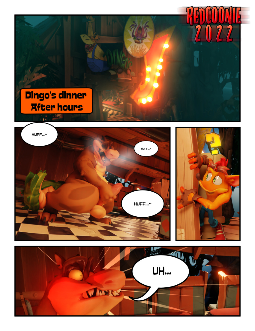 3d_(artwork) absurd_res activision alligator alligatorid anthro balls bandicoot blender_(software) blush canid canine canis clothed clothing comic crash_bandicoot crash_bandicoot_(series) crocodile crocodilian crocodylid dialogue digital_media_(artwork) dingo dingodile duo english_text erection fur genitals gloves green_eyes hair handwear hi_res hybrid male mammal marsupial masturbation nude penis redcoonie reptile scalie smile solo speech_bubble standing text tongue topless video_games