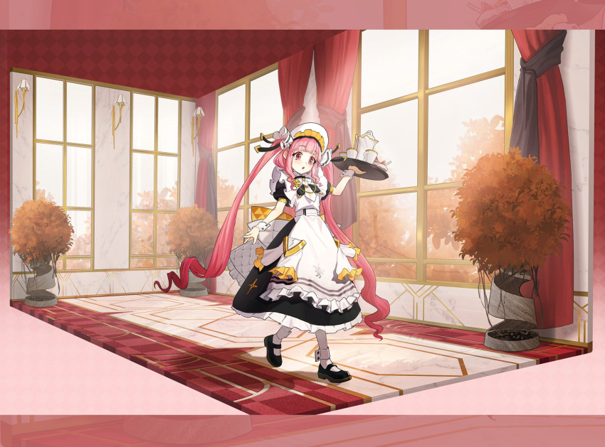 1girl alchemy_stars ankle_cuffs apron bangs black_dress black_footwear cup curtains dress highres holding holding_tray indoors jewelry leoyingjun long_hair maid_headdress mary_janes open_mouth pantyhose pink_hair plant potted_plant puffy_short_sleeves puffy_sleeves raphael_(alchemy_stars) raphael_(at_your_service)_(alchemy_stars) red_eyes shadow shoes short_sleeves solo teacup teapot tray twintails very_long_hair waist_apron walking wall_lamp white_pantyhose window