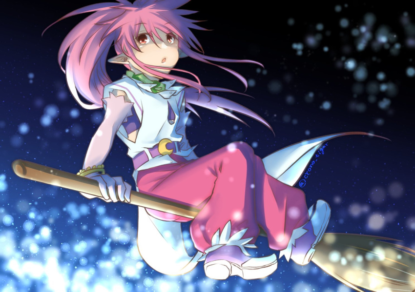 1girl arche_klein belt bracelet broom earrings elbow_gloves full_body gloves jewelry long_hair open_mouth pants pink_eyes pink_hair pink_pants pointy_ears ponytail sitting solo tales_of_(series) tales_of_phantasia toranosuke_96 wide_ponytail