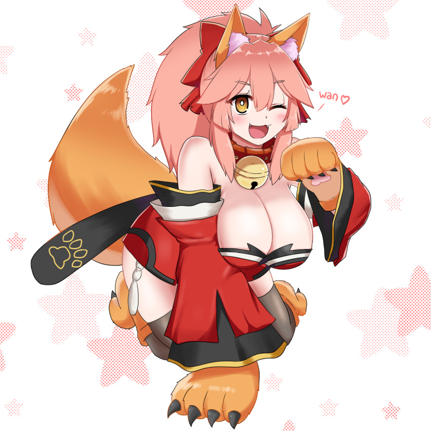 1girl animal_ear_fluff animal_ears animal_hands bell black_thighhighs bow breasts brown_eyes collar detached_sleeves fate/grand_order fate_(series) fox_ears fox_girl fox_tail gloves hair_between_eyes hair_bow highres japanese_clothes jingle_bell keita_naruzawa kimono large_breasts neck_bell one_eye_closed paw_gloves paw_shoes pink_hair ponytail red_bow red_kimono short_kimono solo tail tamamo_(fate) tamamo_cat_(fate) tamamo_cat_(first_ascension)_(fate) thighhighs wide_sleeves
