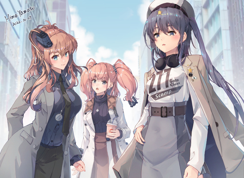 3girls alternate_costume anchor_hair_ornament artist_name atlanta_(kancolle) black_hair blue_eyes blue_shirt breasts character_name closed_mouth cup dated grey_eyes grey_jacket hair_ornament hand_on_hip headgear headphones headphones_around_neck highres himeyamato holding holding_cup jacket jewelry kantai_collection large_breasts long_hair long_sleeves looking_at_viewer multiple_girls necklace open_mouth outdoors purple_eyes red_hair saratoga_(kancolle) scamp_(kancolle) shirt short_hair two_side_up white_jacket