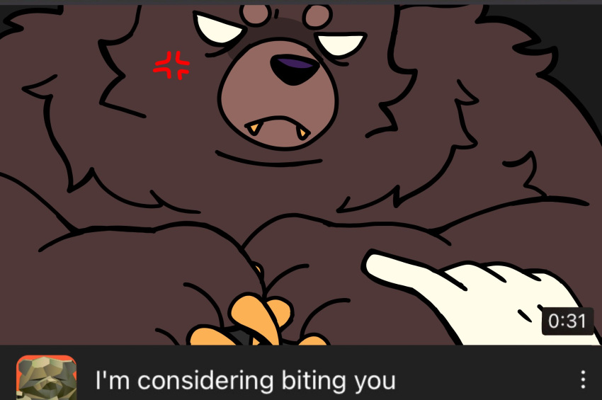 angry anthro brown_body brown_fur claws cross-popping_vein cute_fangs duo english_text fur glowing glowing_eyes hi_res humor male mammal mr._grizz nintendo splatoon superbellsubs text ursid video_games youtube_thumbnail