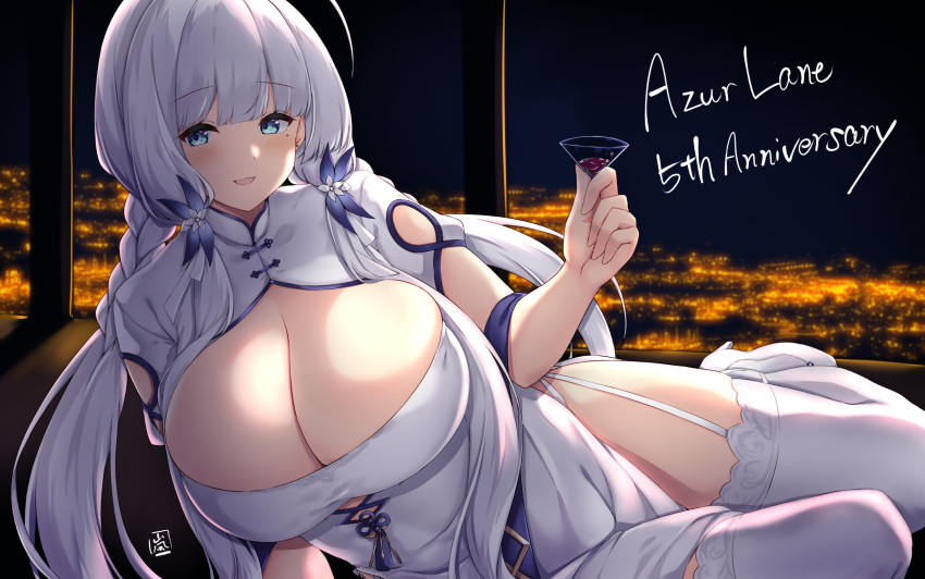 1girl arashiki_mamizu azur_lane bangs blush breasts china_dress chinese_clothes cleavage commentary_request dress hair_ornament highres huge_breasts illustrious_(azur_lane) illustrious_(maiden_lily's_radiance)_(azur_lane) long_hair looking_at_viewer lying on_side parted_lips short_sleeves smile solo thighhighs thighs white_dress white_hair white_thighhighs
