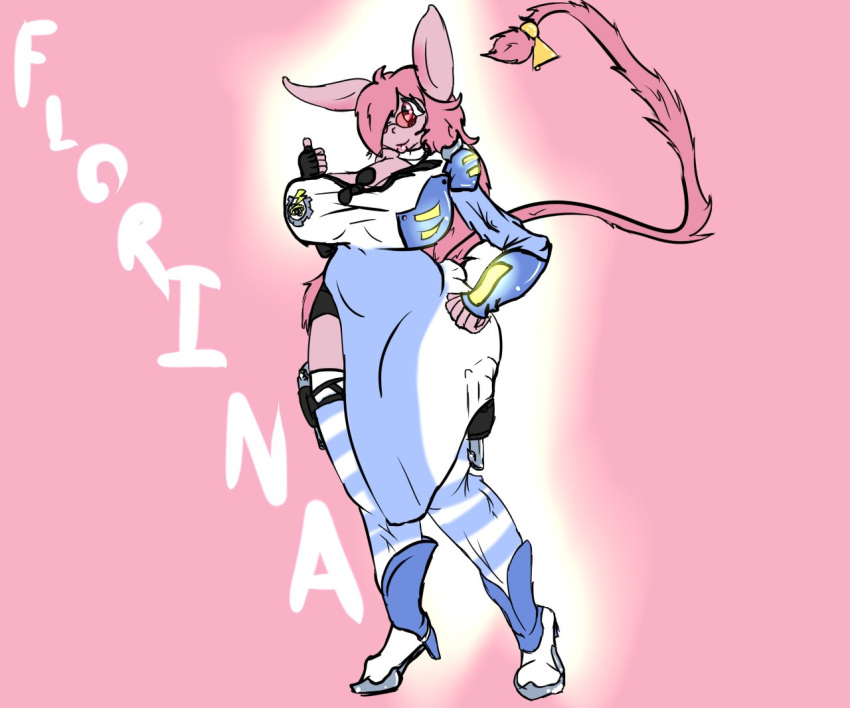 anthro big_breasts big_ears black_clothing blue_clothing breasts clothing digital_media_(artwork) eyewear felid feline female fur glasses hair mammal multicolored_clothing pink_body pink_fur pink_hair pink_tail smile solo succubusbnny white_clothing wide_hips wildstar yellow_clothing