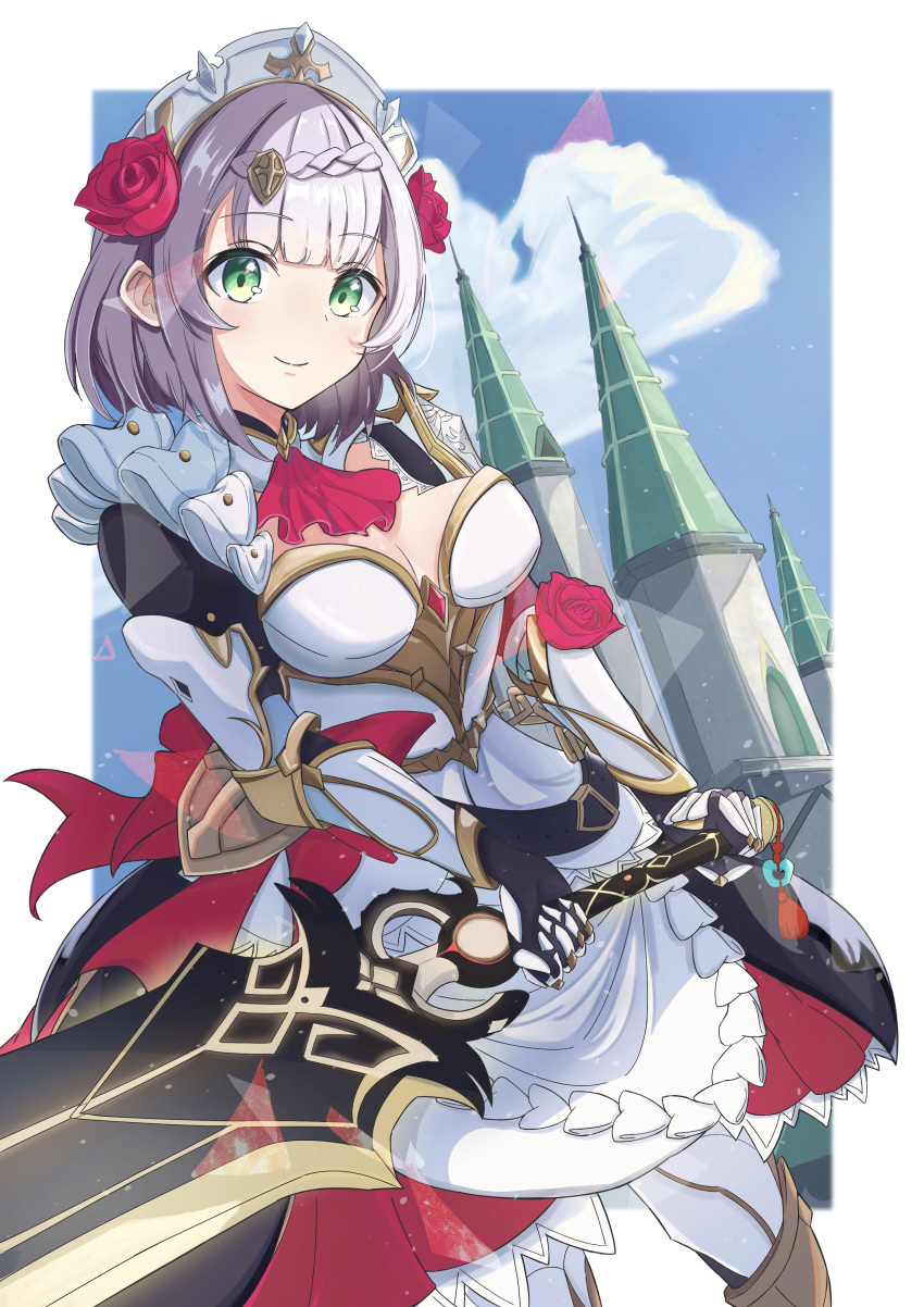 1girl absurdres apron armor armored_dress bangs blue_sky braid braided_bangs breasts castle cleavage cloud flower genshin_impact green_eyes grey_hair hair_flower hair_ornament highres holding holding_sword holding_weapon looking_at_viewer maid maid_apron maid_headdress noelle_(genshin_impact) red_flower red_rose rose sayu_(user_yjsz2885) short_hair shoulder_armor sky smile solo sword weapon
