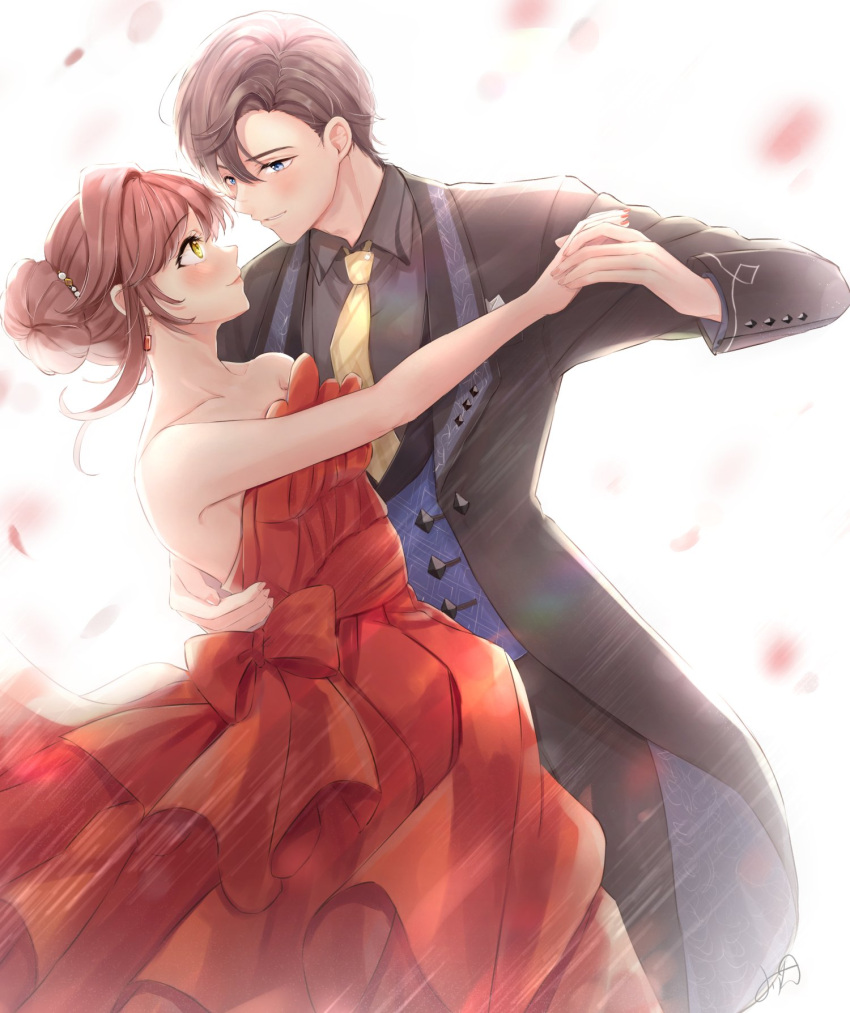 1boy artem_wing_(tears_of_themis) bare_shoulders black_pants black_shirt black_suit blue_vest brown_hair dancing dress forehead formal hair_between_eyes hair_bun highres long_skirt long_sleeves low_ponytail mirin_pengin necktie off_shoulder pants ponytail red_dress red_nails rosa_(tears_of_themis) shirt short_hair single_hair_bun skirt smile suit tears_of_themis vest wedding wedding_dress yellow_eyes yellow_necktie