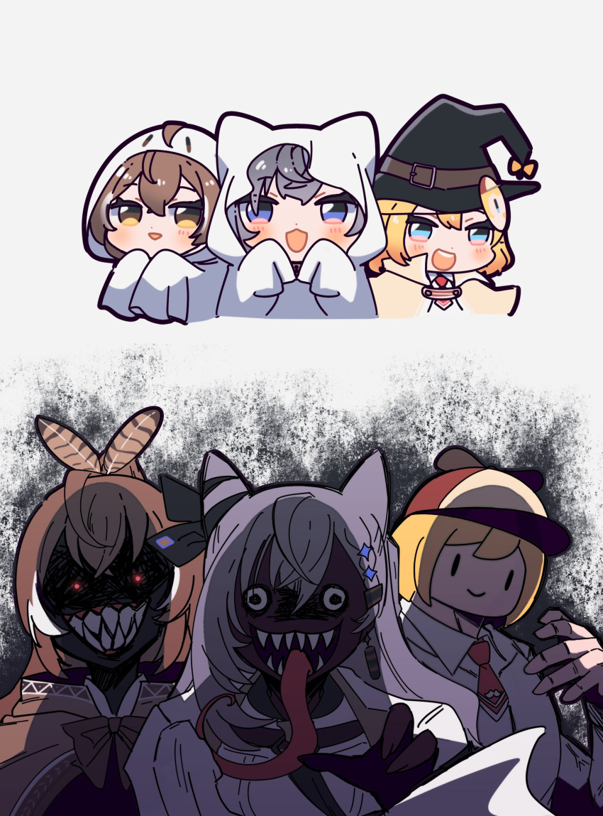 3girls absurdres ahoge animal_ears blonde_hair blue_e boomei_(nanashi_mumei) bow brown_hair capelet cat_ears dress_shirt feather_hair_ornament feathers ghost_costume grey_hair hair_ornament hair_ribbon hairclip halloween_costume hat highres hololive hololive_english hololive_indonesia long_tongue mask mask_on_head multicolored_hair multiple_girls nanashi_mumei nanashi_mumei's_horror_painting necktie open_mouth ribbon sarariman114 shaded_face sharp_teeth shirt smile smol_ame streaked_hair teeth tongue upper_body vestia_zeta virtual_youtuber watson_amelia witch_hat |_|