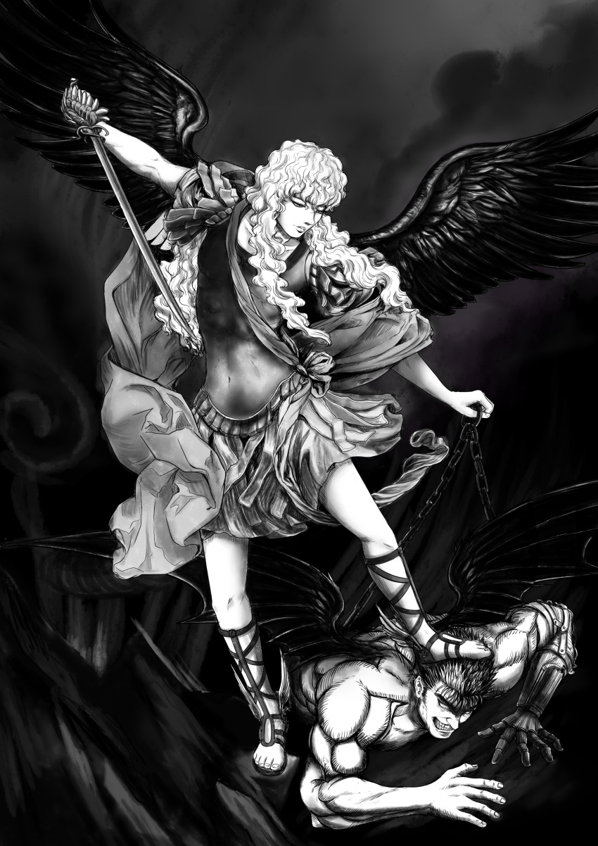 2boys absurdres allthatsleftispain angel angel_wings bat_wings berserk black_hair black_wings chain clenched_teeth feathered_wings foot_on_head griffith_(berserk) guts_(berserk) highres holding holding_sword holding_weapon long_hair male_focus multiple_boys muscular muscular_male prosthesis robe saber_(weapon) sandals shirt short_hair skirt smile stepped_on sword teeth weapon white_shirt wings