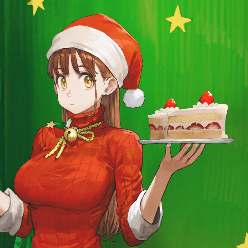 1girl bell breasts brown_eyes brown_hair cake cake_slice commentary_request earrings food fruit hat highres holding holding_plate indoors jewelry jun_(seojh1029) large_breasts long_hair looking_at_viewer neck_bell original plate red_sweater ribbed_sweater santa_costume santa_hat sparkling_eyes star_(symbol) strawberry strawberry_shortcake stud_earrings sweater upper_body