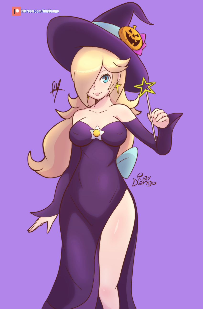 1girl absurdres artist_name bare_shoulders blonde_hair blue_eyes breasts brooch collarbone dress earrings hair_over_one_eye hat highres holding holding_wand jack-o'-lantern_hat_ornament jewelry long_hair looking_at_viewer mario_(series) mario_kart mario_kart_tour patreon_logo patreon_username purple_background purple_dress purple_headwear raydango rosalina side_slit signature smile solo star_(symbol) star_earrings wand witch_hat