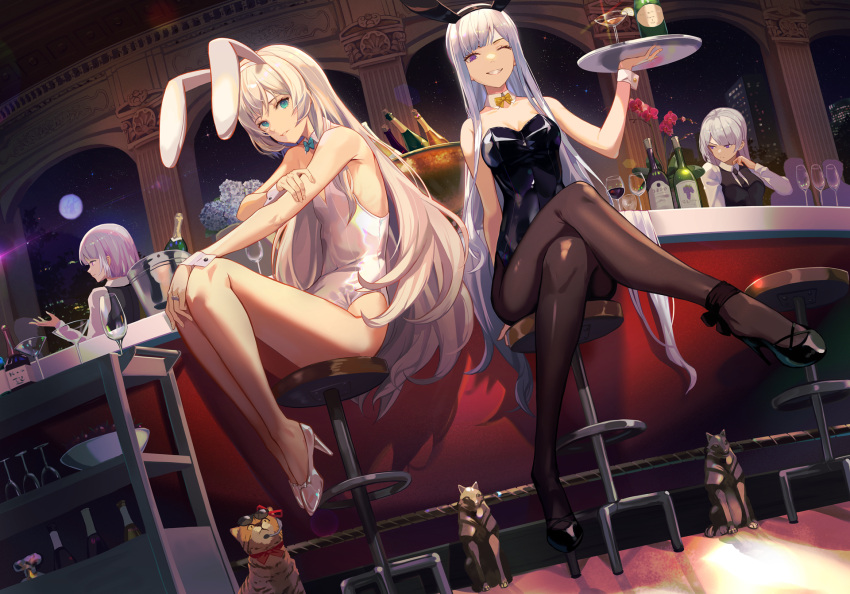4girls ak-12_(girls'_frontline) ak-15_(girls'_frontline) alternate_costume an-94_(girls'_frontline) animal_ears aqua_bow aqua_bowtie aqua_eyes arm_behind_back bangs bar bar_stool bare_legs bare_shoulders bartender black_footwear black_hairband black_leotard black_necktie black_pantyhose black_vest blonde_hair bottle bow bowtie breasts cat cleavage closed_mouth cocktail_glass collarbone collared_shirt commission counter crossed_legs cup defy_(girls'_frontline) detached_collar drinking_glass english_commentary fake_animal_ears full_body full_moon girls'_frontline glass grey_hair hairband hand_on_arm hand_on_own_knee high_heels highleg highleg_leotard highres holding holding_tray ice_bucket jewelry legs leotard light_purple_hair long_hair long_sleeves looking_at_viewer looking_away medium_breasts medium_hair moon multiple_girls necktie niac night night_sky one_eye_closed open_mouth pantyhose parted_lips playboy_bunny purple_eyes rabbit_ears ring rpk-16_(girls'_frontline) shirt short_hair sitting sky small_breasts smile standing stool strapless strapless_leotard teeth thighs traditional_bowtie tray very_long_hair vest white_footwear white_hair white_hairband white_leotard white_shirt white_wrist_cuffs wine_glass wrist_cuffs yellow_bow yellow_bowtie