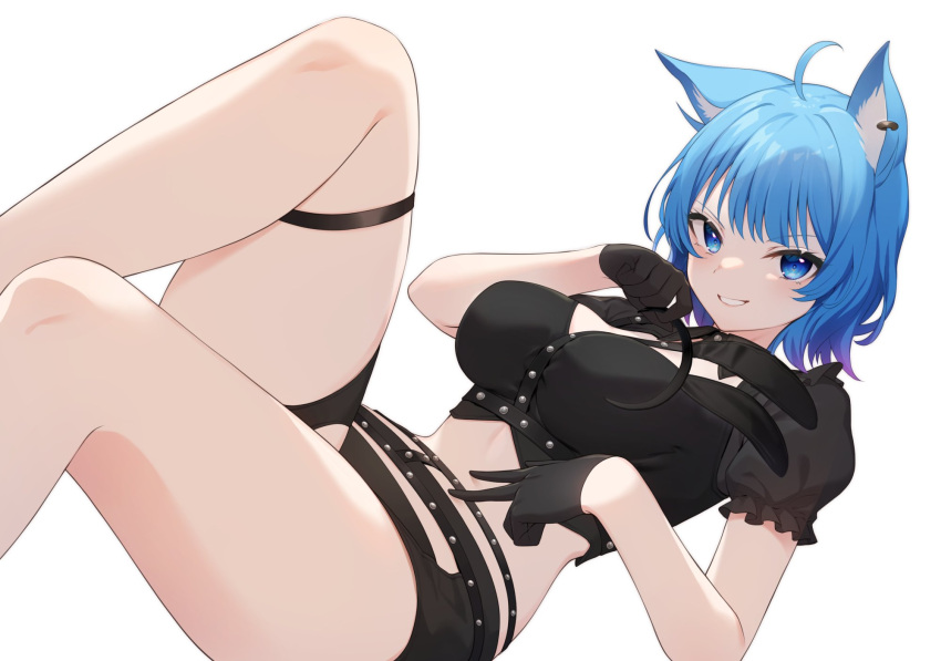 1girl ahoge animal_ears animare bare_legs belt black_gloves black_shirt black_shorts blue_eyes blue_hair breasts collared_shirt crop_top cutoffs detached_collar fake_animal_ears gloves grin hairband hairband_removed highres holding legs_up looking_at_viewer medium_breasts midriff nishino_eri rabbit_ears reclining see-through see-through_sleeves shirt short_hair short_shorts short_sleeves shorts simple_background smile solo souya_ichika stomach thigh_strap thighs v virtual_youtuber white_background